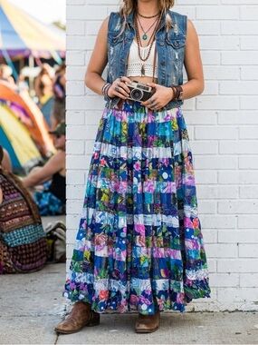 Vintage 90s Patchwork Floral Maxi Skirt Boho Cottagecore Prairie Flowing